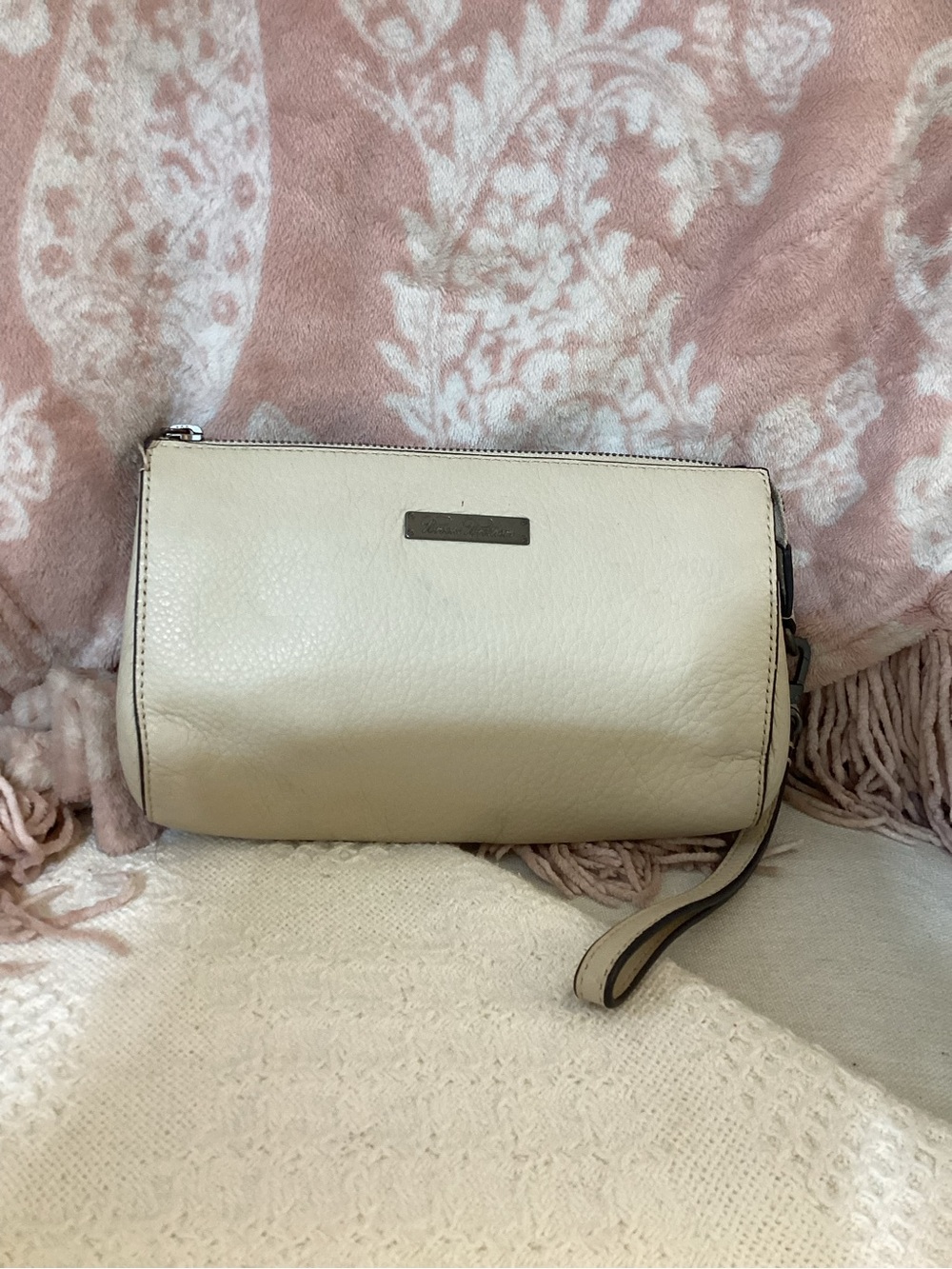 Vintage Brooks Brothers Cream Leather Wristlet Clutch with Wrist Strap